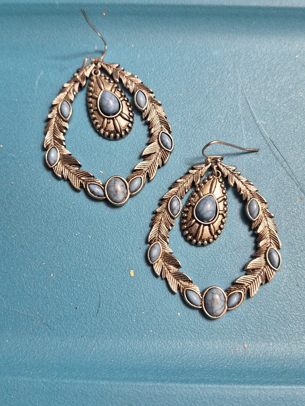 Silver-Tone Turquoise Stone Teardrop Hoop Earrings For Pierced Ears Unbranded 2"